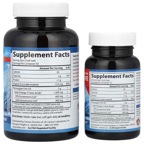 Carlson Labs Super Omega-3 Gems 1200 mg - 100 + 30 Capsules